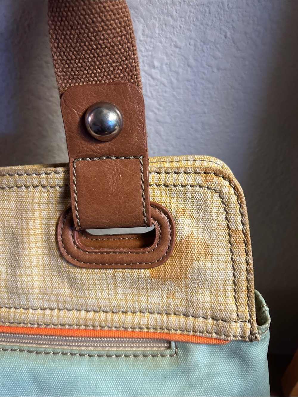 Fossil Bird Print Canvas Tote Bag in Light Blue with Brown Handles - Picture 3 of 7